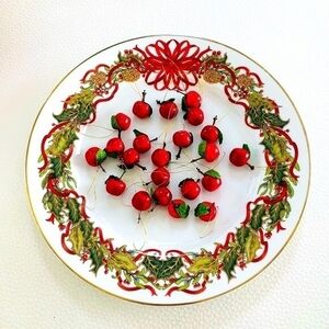 Vintage Cherry w/ Leaves Mini Ornaments Set 22x Red Green 0.75" Handpainted Xmas